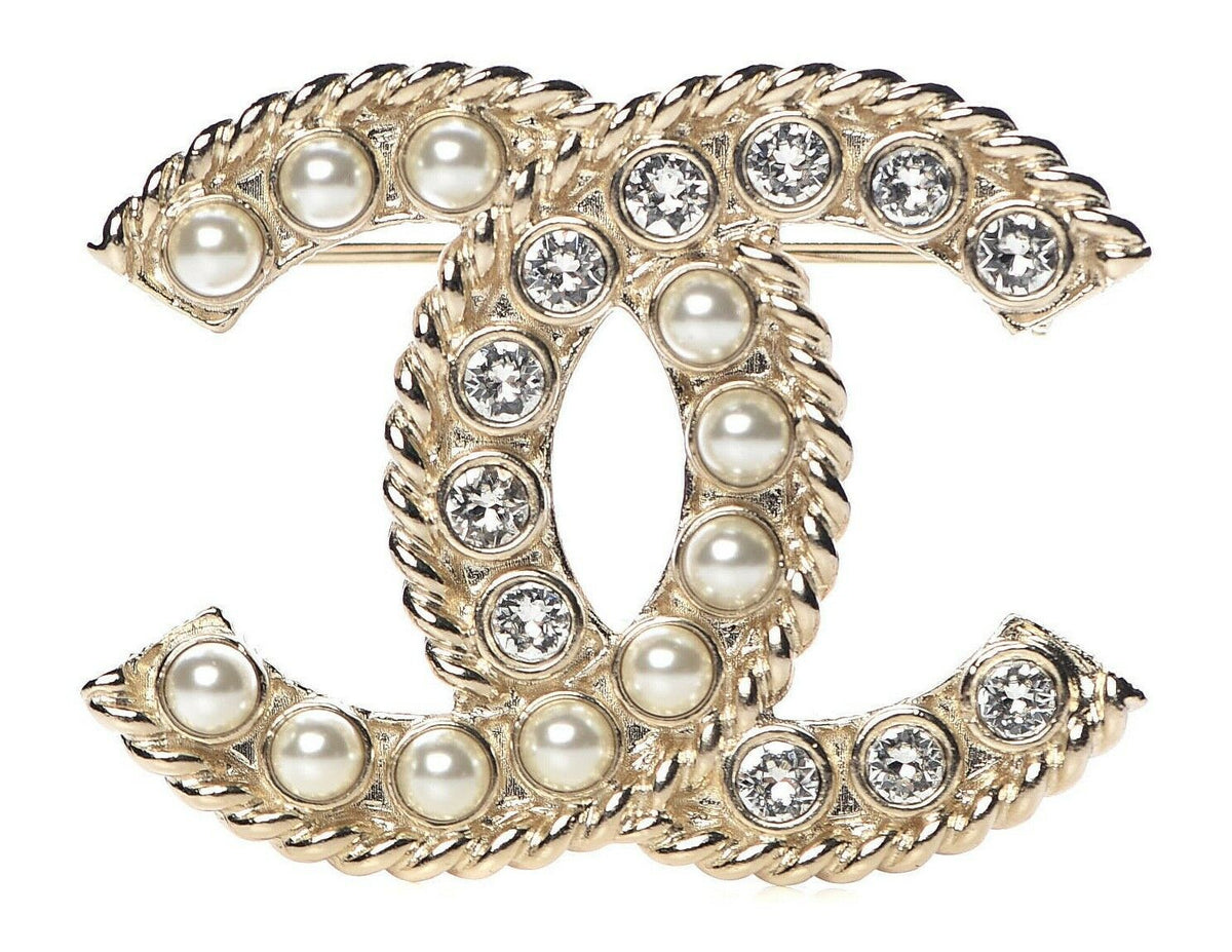 CHANEL Limited Edition 2020 Pearl Crystal CC XL Brooch Gold Pearly White ladies