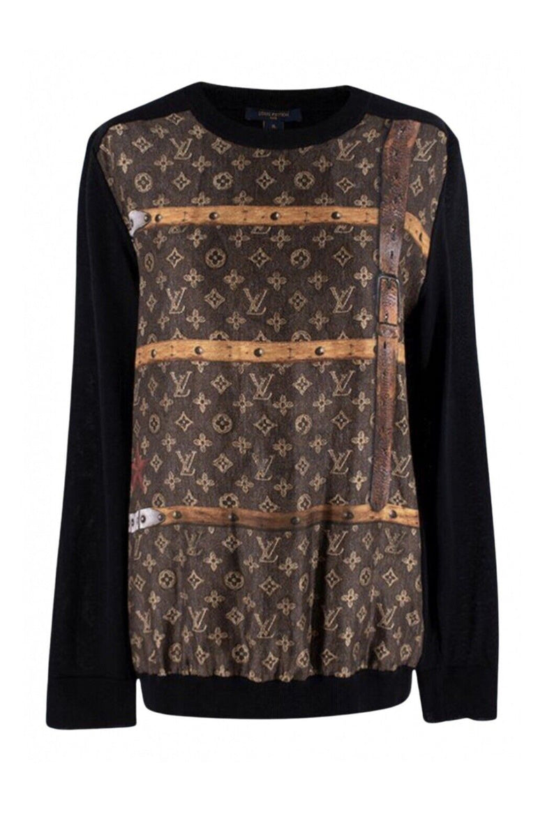 Limited LOUIS VUITTON Trunk-Print Silk & Black Wool Fine Knit