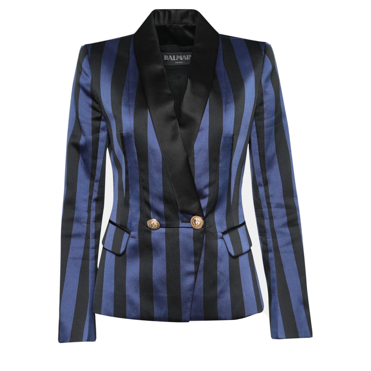 Balmain Blue & Black Striped Satin Blazer Jacket Size F 38 M medium ladies