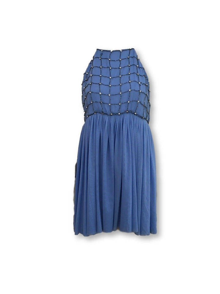 Alice + Olivia Blue Sequined Beaded Halter Cocktail Dress Ladies