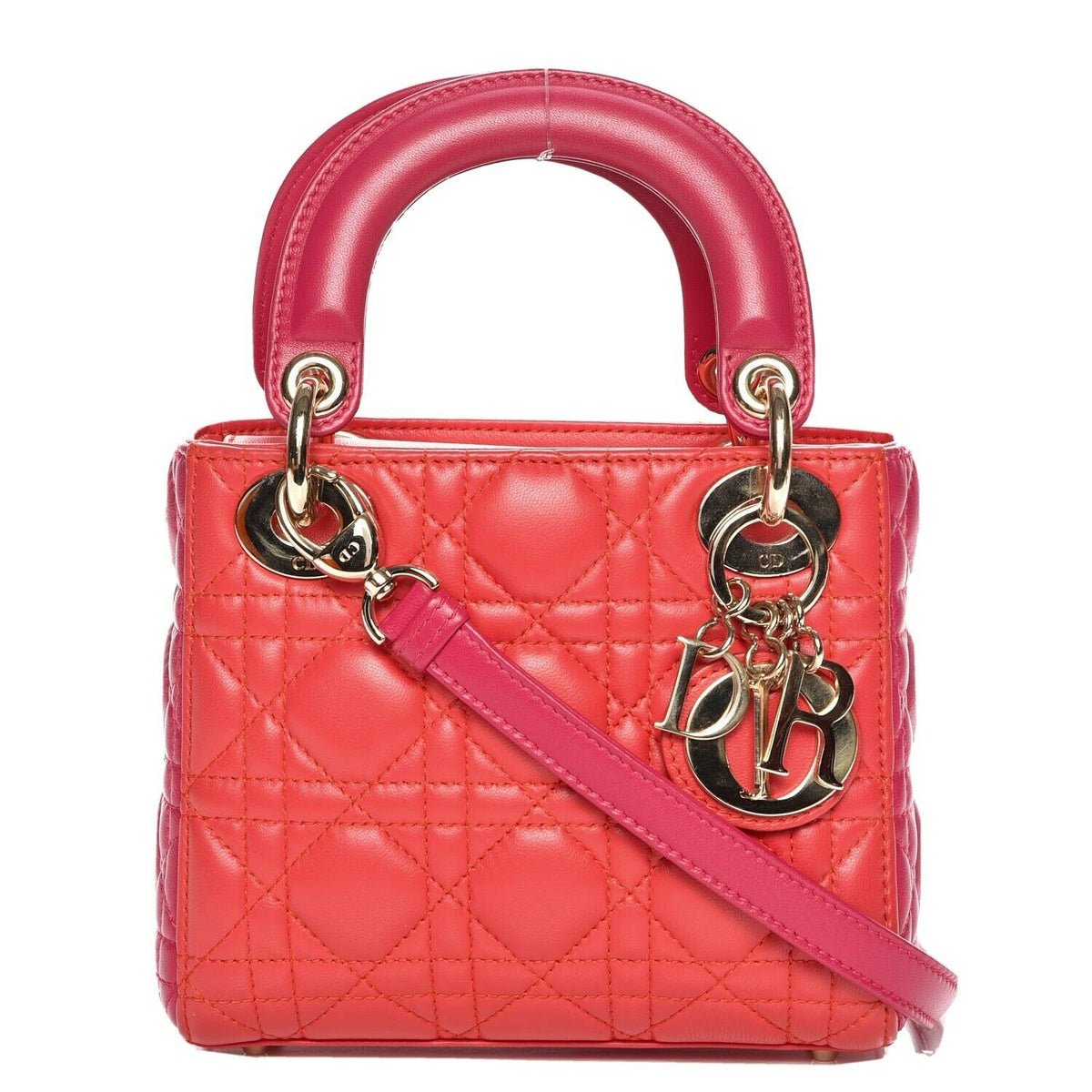 Christian Dior Lambskin Cannage Mini Bi-Color Lady Dior Orange Fuchsia Bag ladies