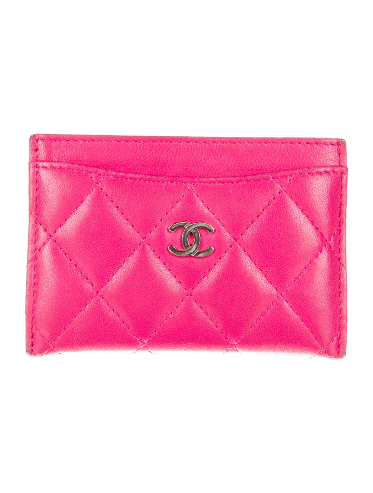 CHANEL Lambskin Quilted 2021 Neon Pink CC Logo Card Holder Wallet ladies