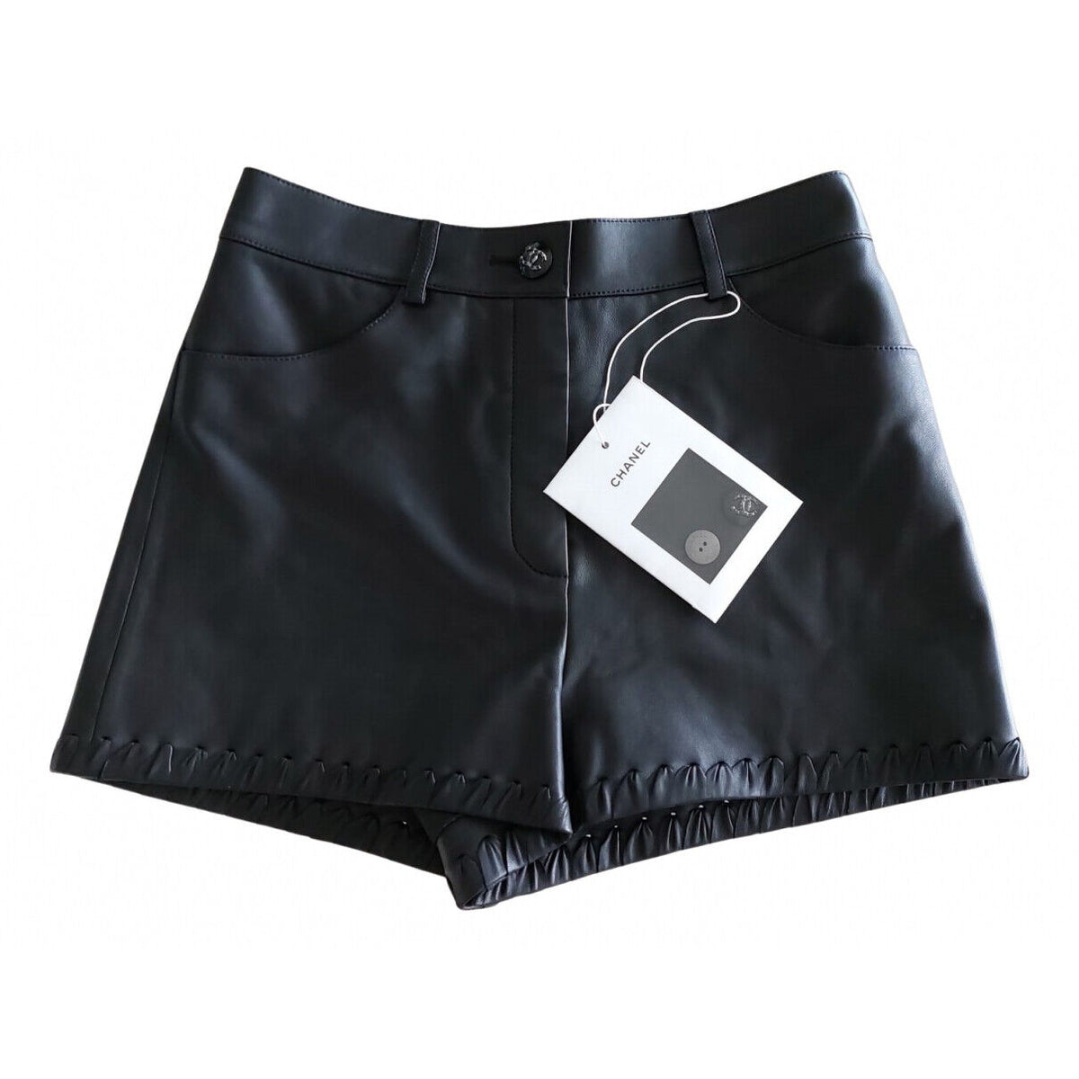 New Chanel Runway 2021 Cruise 21C Black Leather Shorts Crystal cc Logo NWT 36 ladies