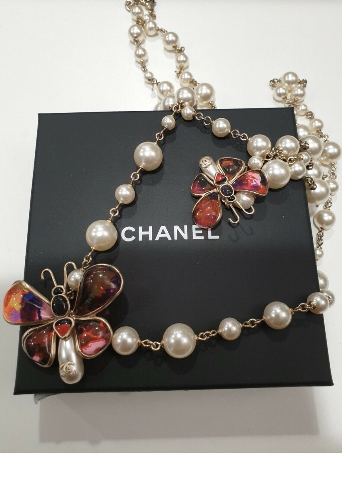 CHANEL Multicolor Gripoix Butterfly Pearl Long Necklace ladies