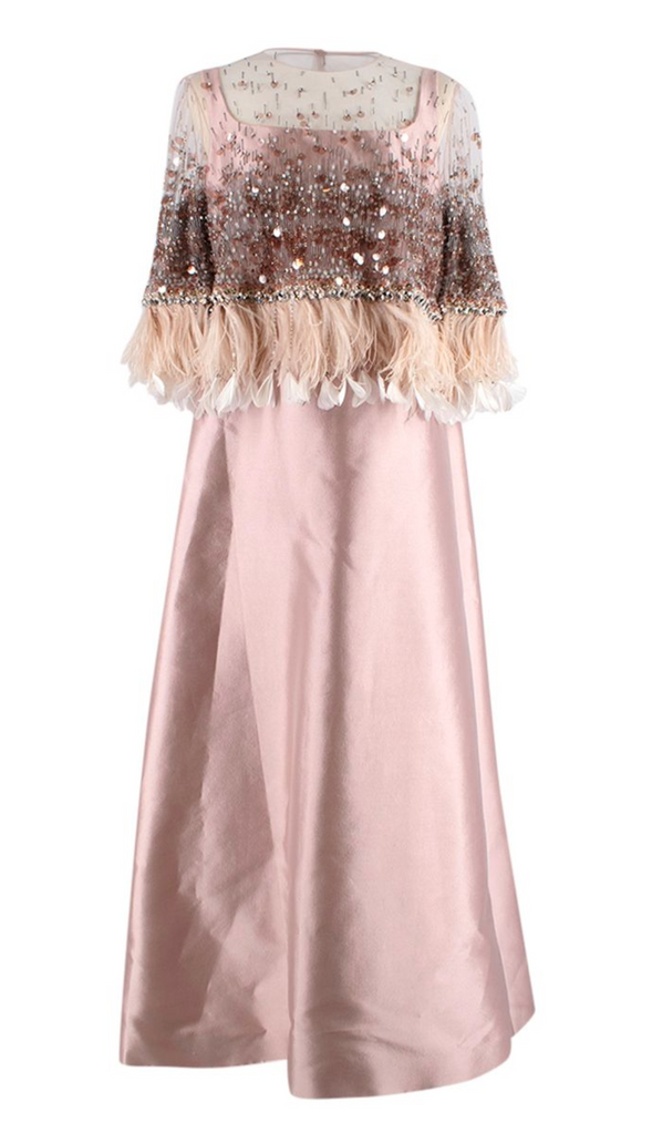 Prada Pink Silk A-line Gown with Crystal & Feather Embellished Cape Ov Afashionistastore Prada Pink Silk A-line Gown with Crystal & Feather Embellished Cape Ov Afashionistastore