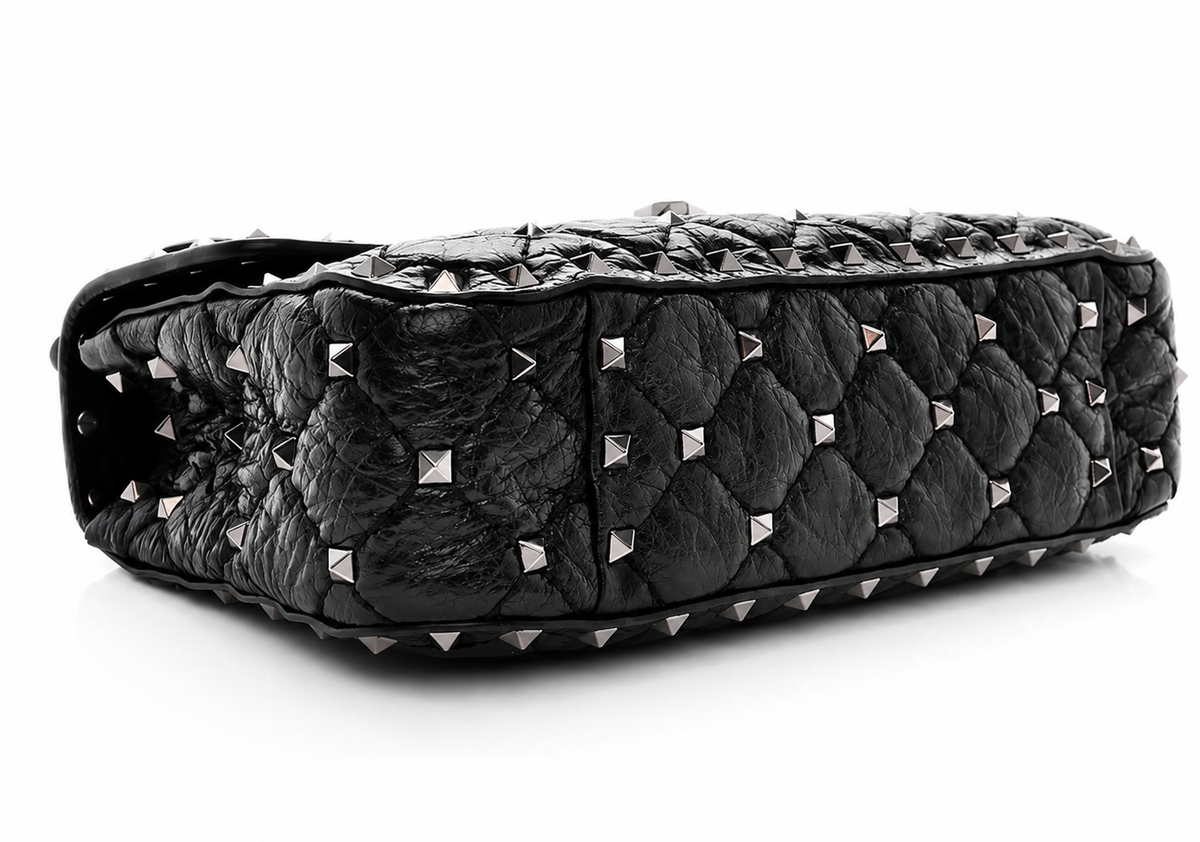 Valentino Garavani Craquele Nappa Small Rockstud Spike Shoulder Bag – Black ladies