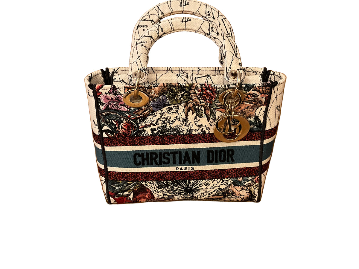 Christian Dior Canvas Embroidered Medium Lady D-Lite Ecru Multicolor Bag Handbag ladies