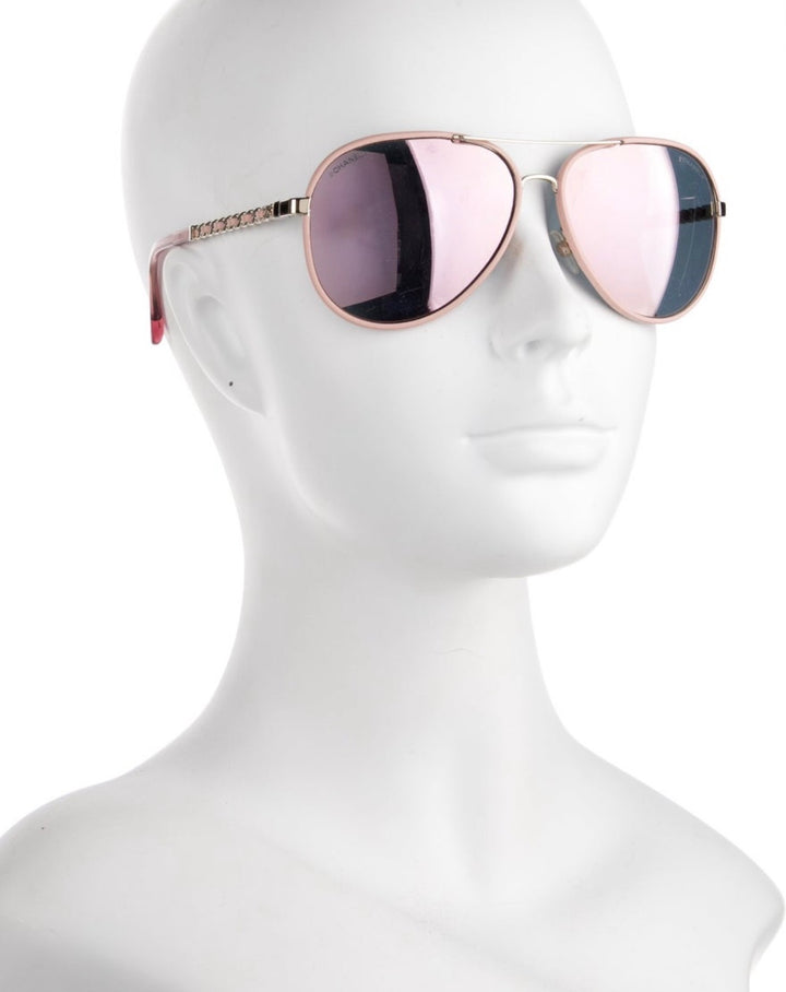 CHANEL Pink Leather CC Aviator Pilot Winter Sunglasses - 4219