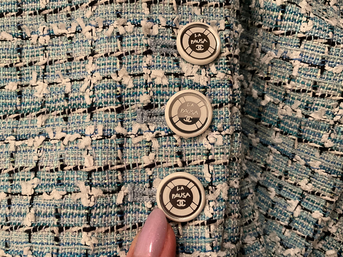 Chanel 2019 Cruise LA PAUSA Fantasy Tweed Blazer Jacket White Blue Light blue ladies