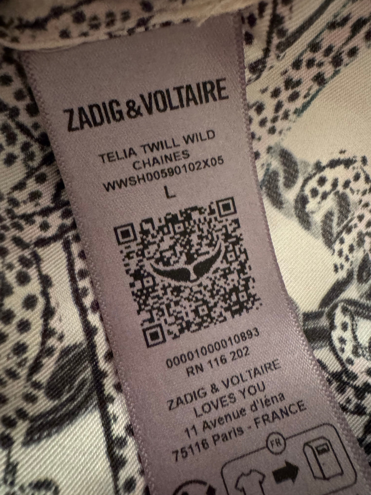 Zadig & Voltaire Telia Twill Wild Chain Silk Blouse Size L large ladies