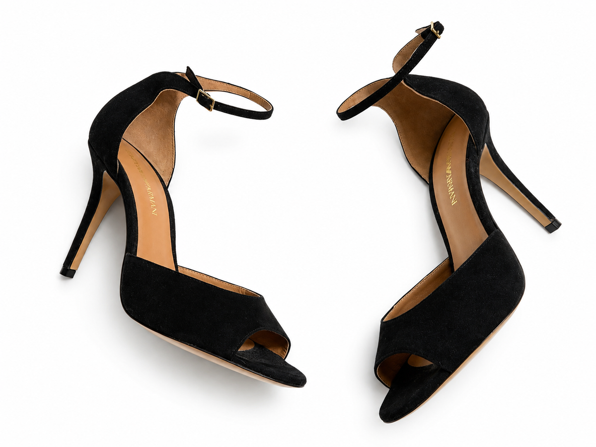 Emporio Armani Black Suede Ankle Strap Heels – Size EU 38 ladies