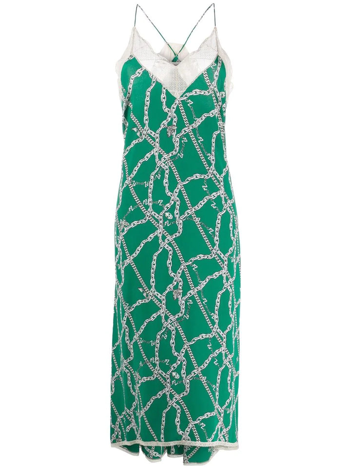ZADIG & VOLTAIRE DELUX RISTY CHAIN-PRINT LACE-TRIM LONG DRESS SIZE M Medium LADIES