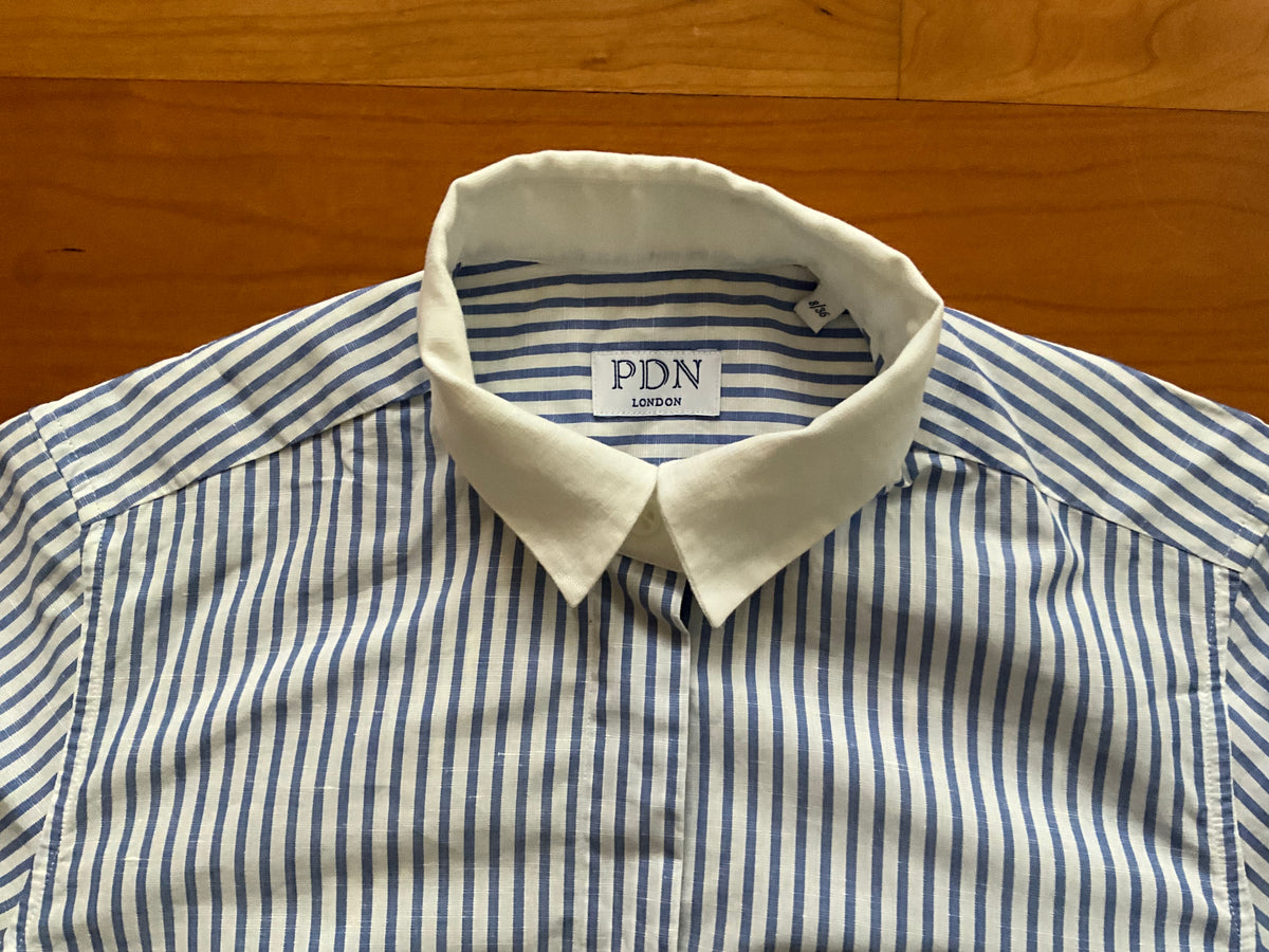 PDN London Blue & White Linen & Cotton Stripe Shirt Dress Size 36 UK 8 ladies