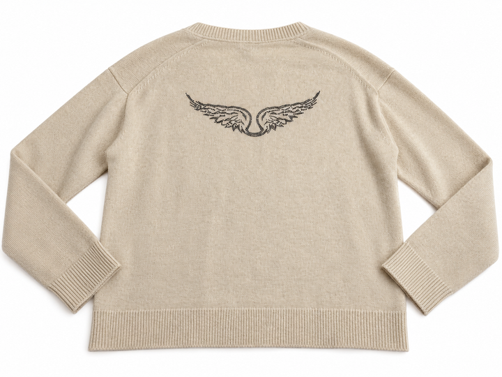 Zadig & Voltaire Mikyz Cream Cashmere V-Neck Jumper with Rhinestone Wings ladies