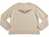 Zadig & Voltaire Mikyz Cream Cashmere V-Neck Jumper with Rhinestone Wings ladies
