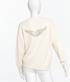 Zadig & Voltaire Mikyz Cream Cashmere V-Neck Jumper with Rhinestone Wings ladies