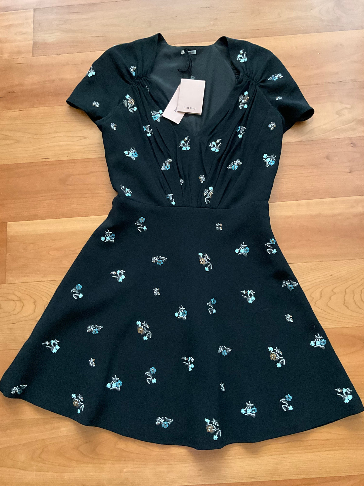 Miu Miu Black Crepe Sequin Embellished Plunge Black Dress Size I 40 S Small ladies