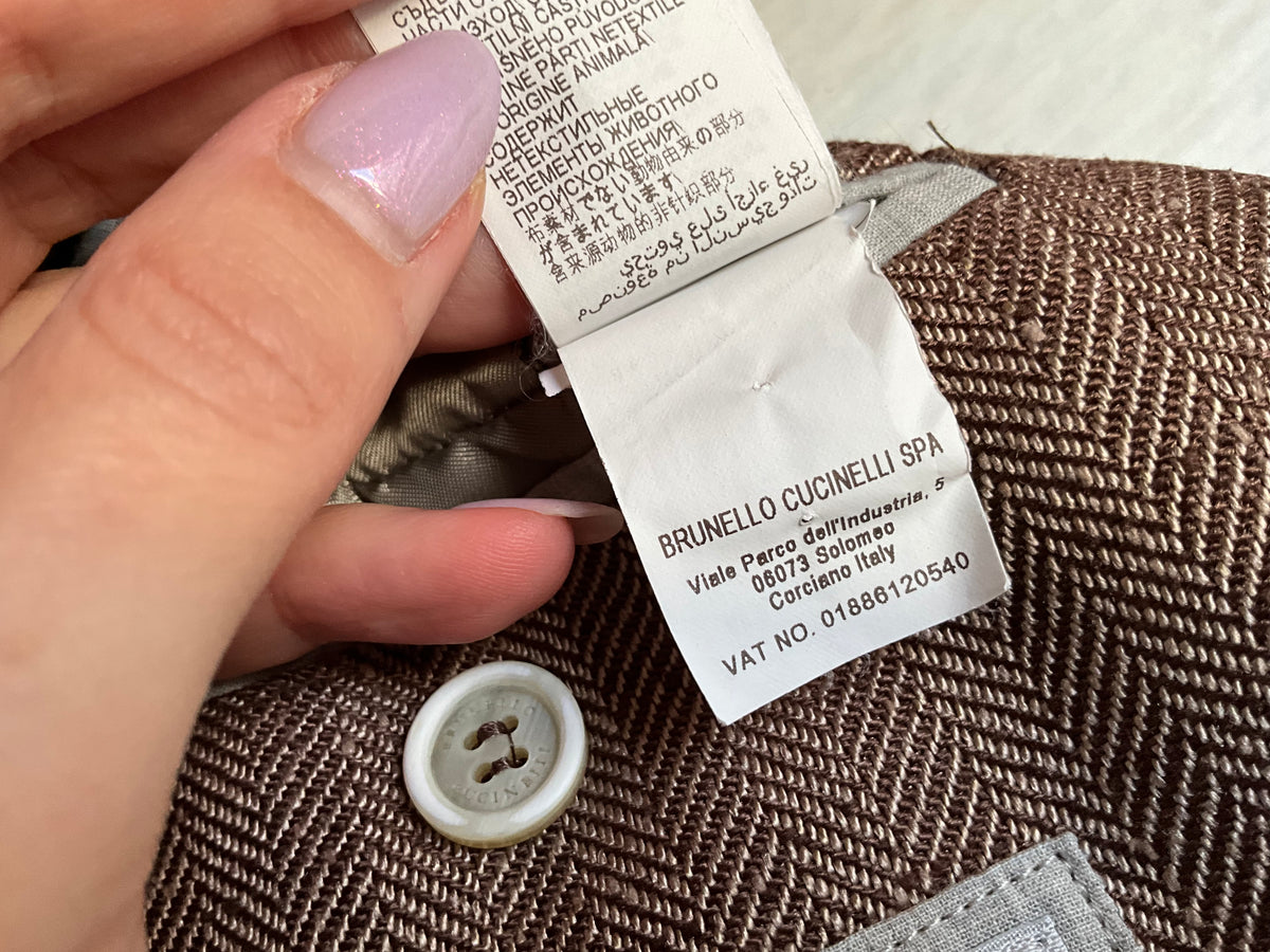 Brunello Cucinelli Herringbone Brown Silk Blazer Jacket size 48 men