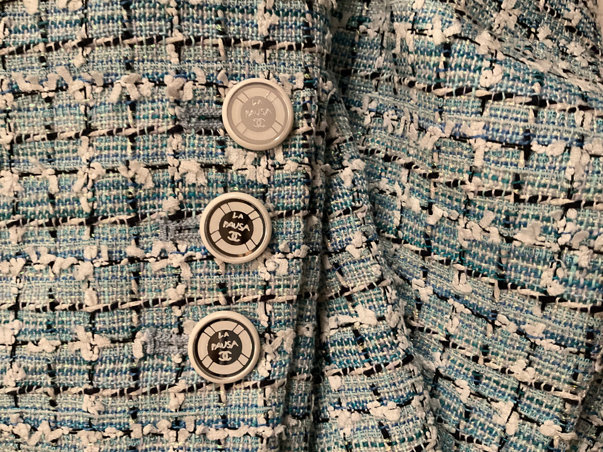Chanel 2019 Cruise LA PAUSA Fantasy Tweed Blazer Jacket White Blue Light blue ladies