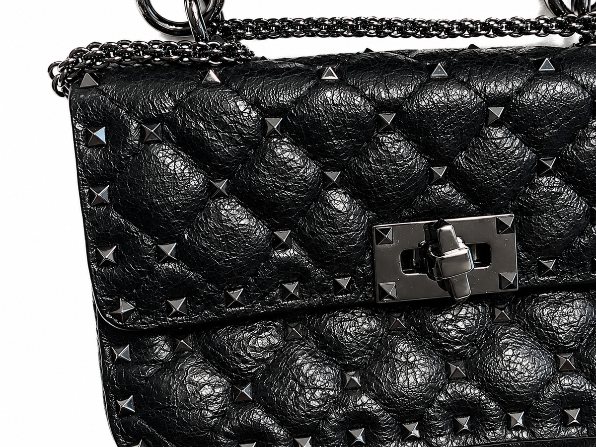Valentino Garavani Craquele Nappa Small Rockstud Spike Shoulder Bag – Black ladies