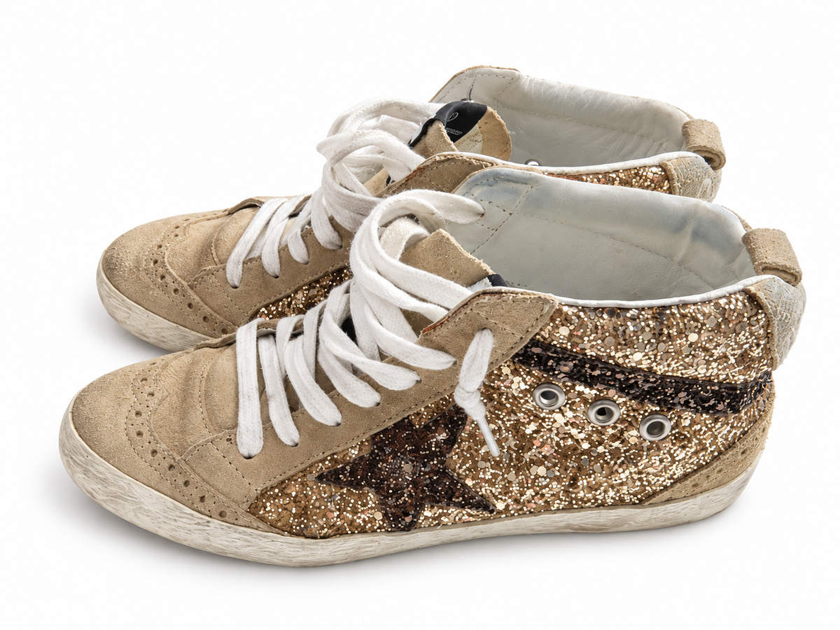 Golden Goose Midstar Gold Glitter & Suede Trainers – EU 36 ladies