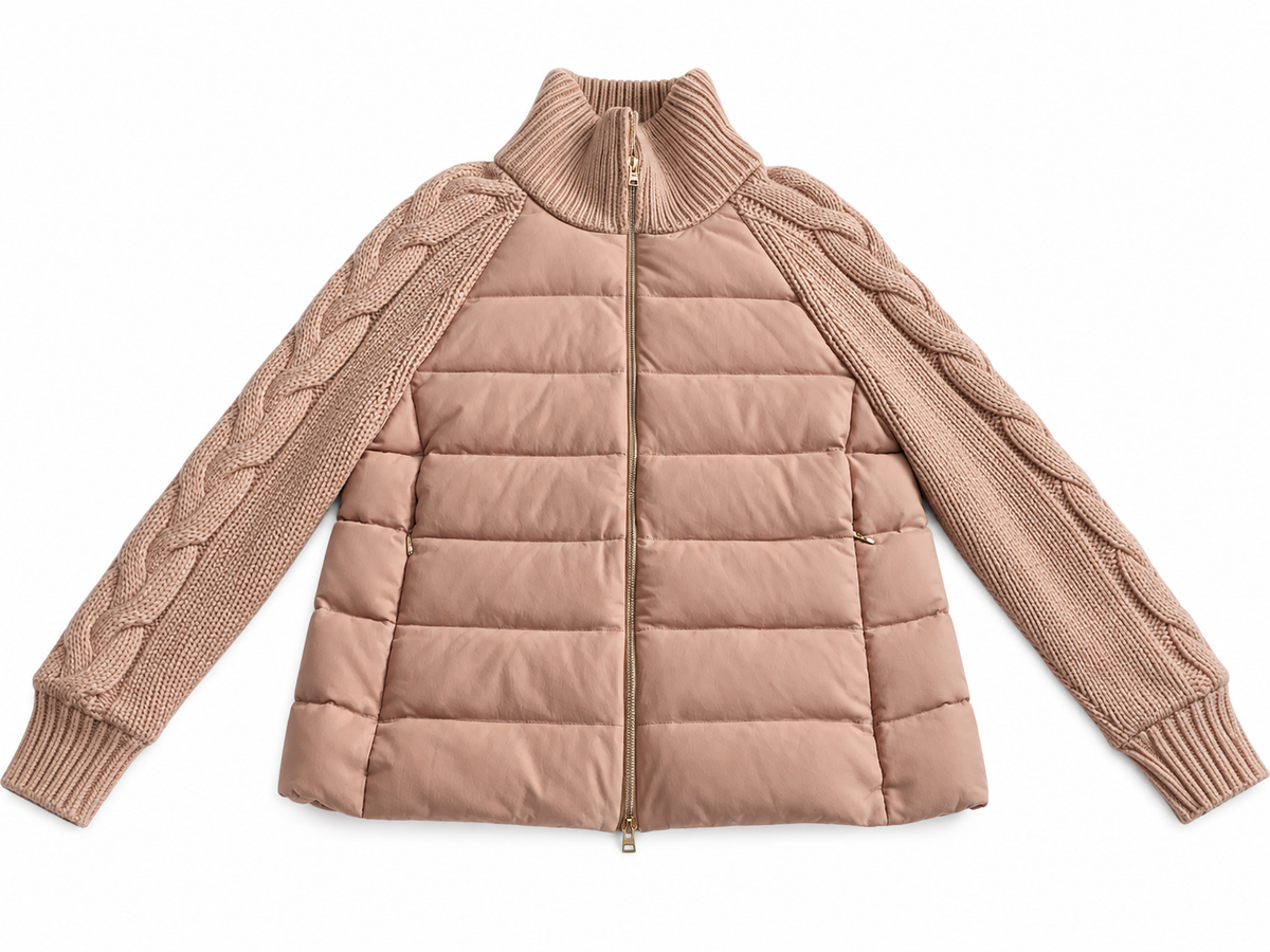 Herno Cashmere & Silk Quilted Down Jacket with Cable Knit Sleeves – Size IT 42 ladies
