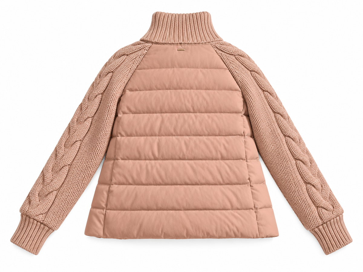 Herno Cashmere & Silk Quilted Down Jacket with Cable Knit Sleeves – Size IT 42 ladies