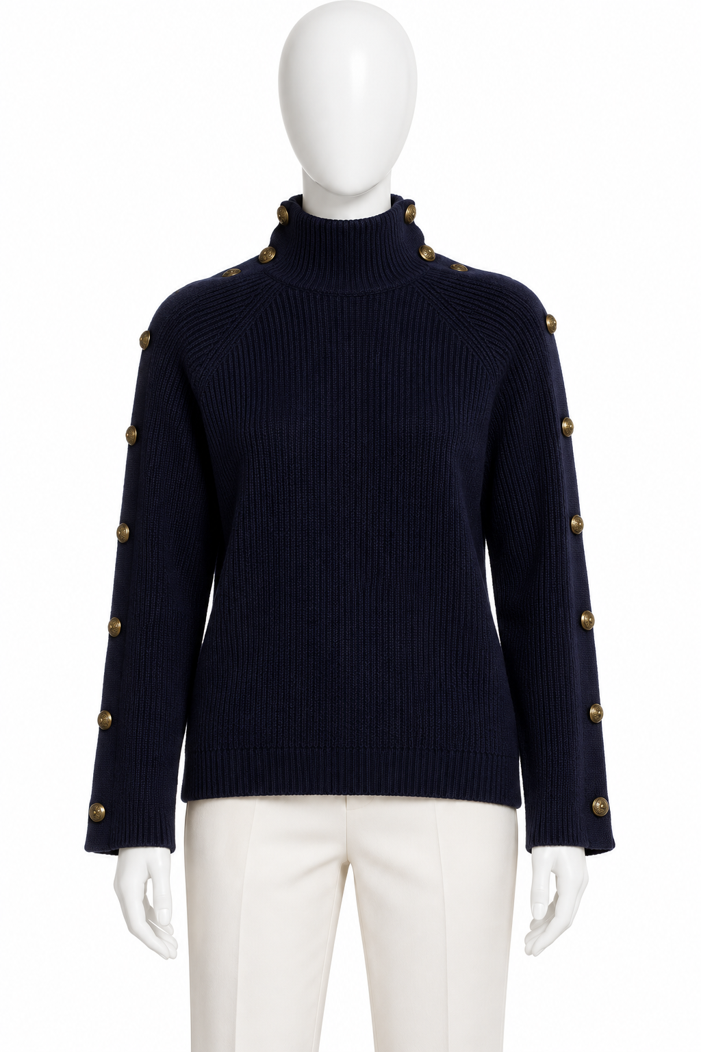 Ralph Lauren Purple Label Navy Blue Cashmere Turtleneck Jumper with Gold Buttons – Size M ladies