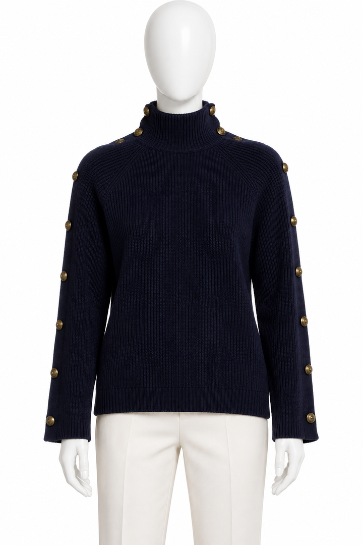 Ralph Lauren Purple Label Navy Blue Cashmere Turtleneck Jumper with Gold Buttons – Size M ladies