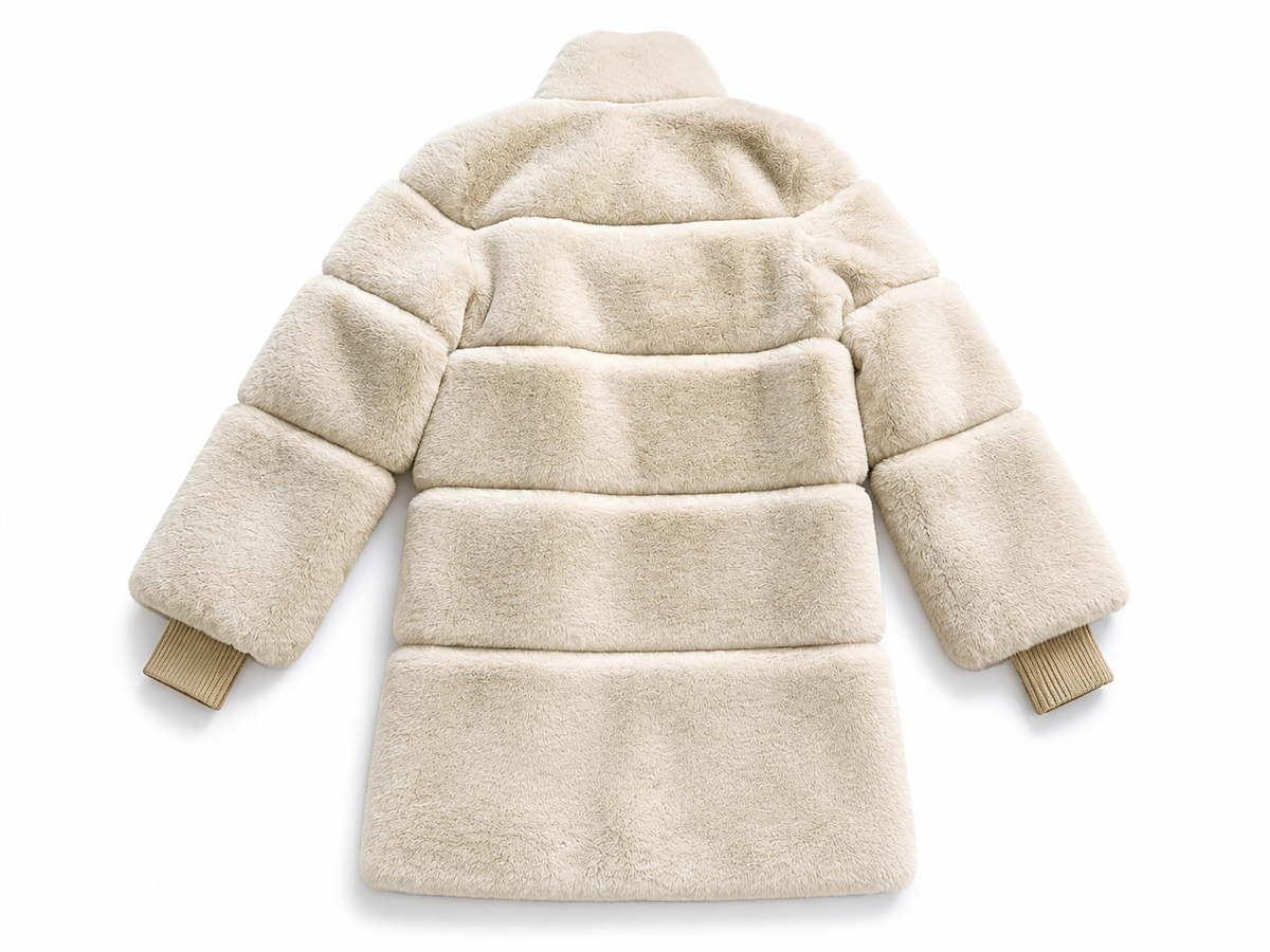 Franchetti Bond Ombretta Beige Faux Fur Coat – Size UK 12 L large ladies