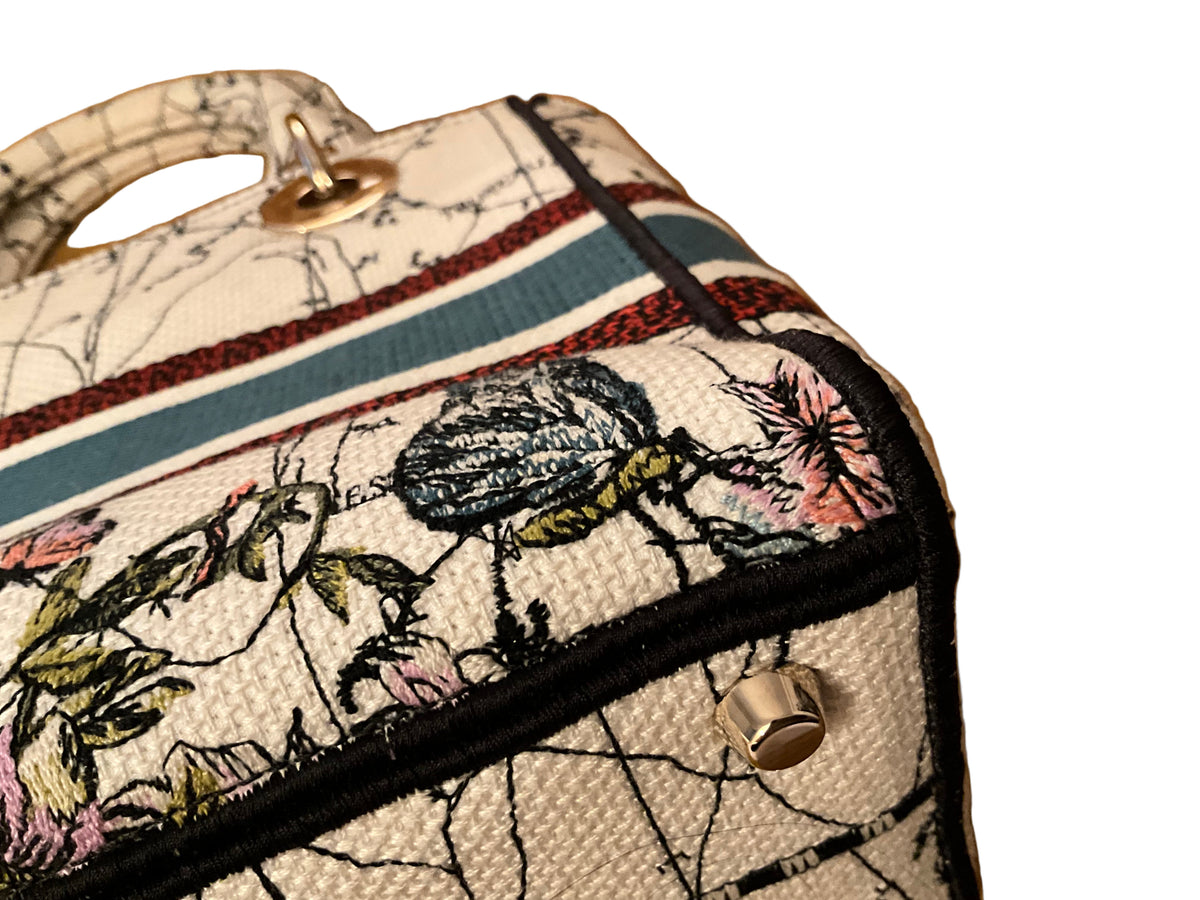 Christian Dior Canvas Embroidered Medium Lady D-Lite Ecru Multicolor Bag Handbag ladies