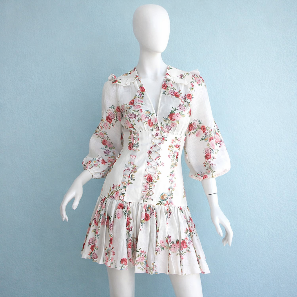 ZIMMERMANN HONOUR CORSET MINI DRESS FLORAL PRINT LINEN Size 2 ladies