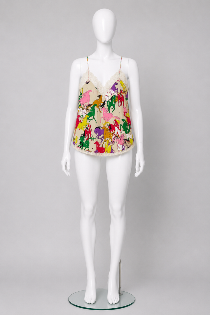 Zadig & Voltaire Runaway Horses Silk Rhinestone Lace Crystals Top ladies