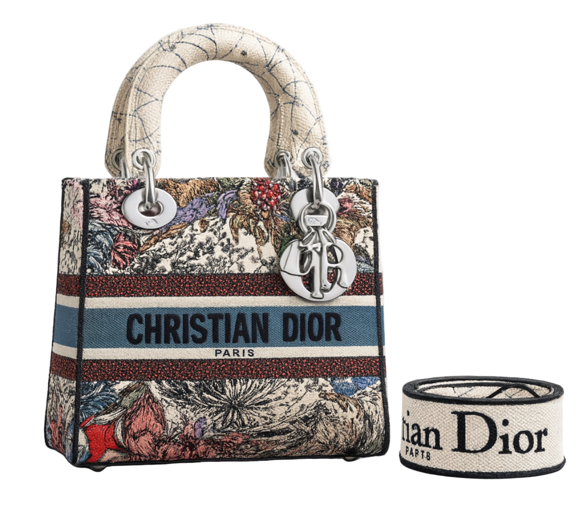 Christian Dior Canvas Embroidered Medium Lady D-Lite Ecru Multicolor Bag Handbag ladies
