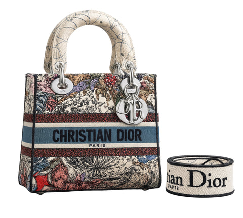 Christian Dior Canvas Embroidered Medium Lady D-Lite Ecru Multicolor Bag Handbag ladies