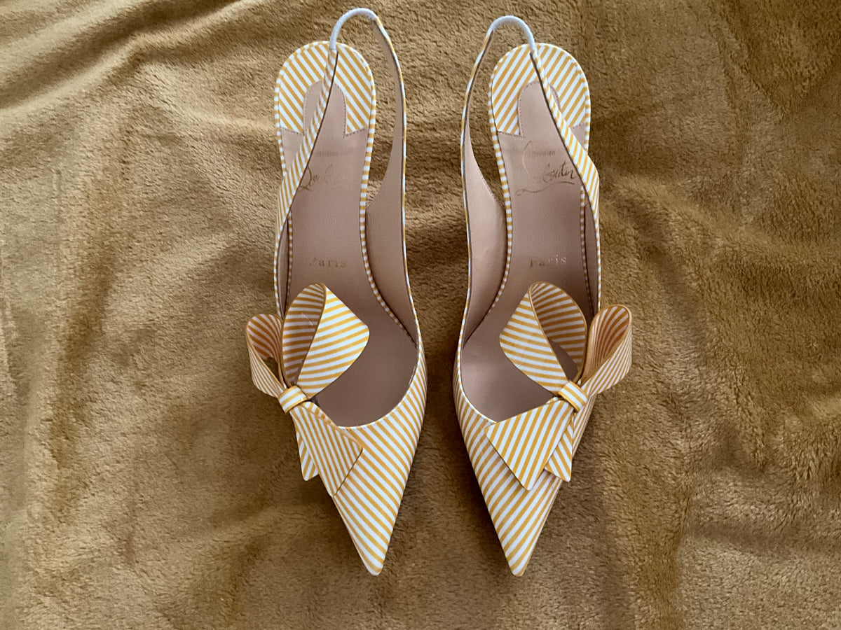 Christian Louboutin Patent Stripes Clare Nodo 80 Pumps Banana White Size 38.5 ladies