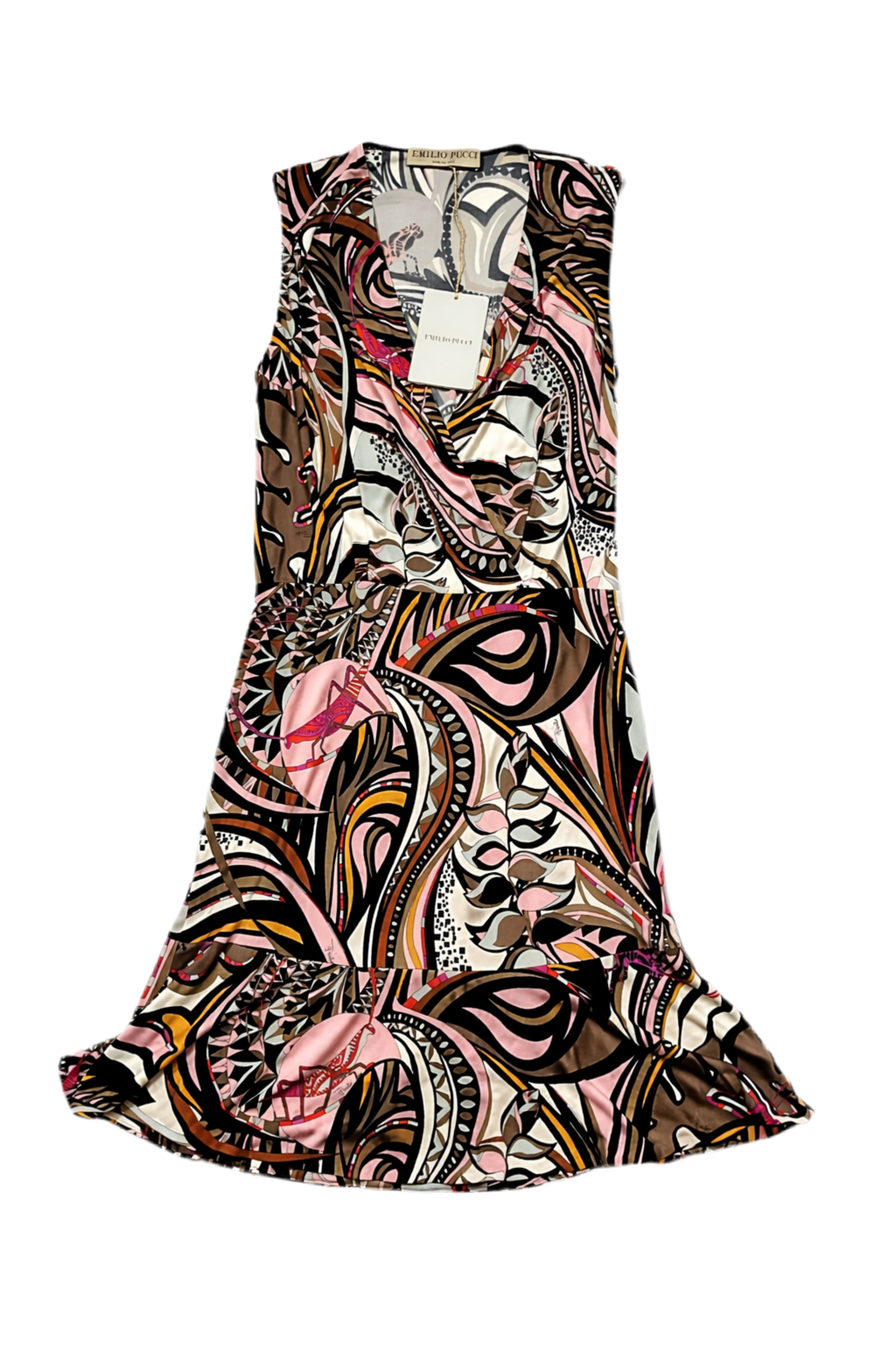Emilio Pucci White Brown Red Pink Grasshopper Print A-Line Mini Dress Size I 40 ladies