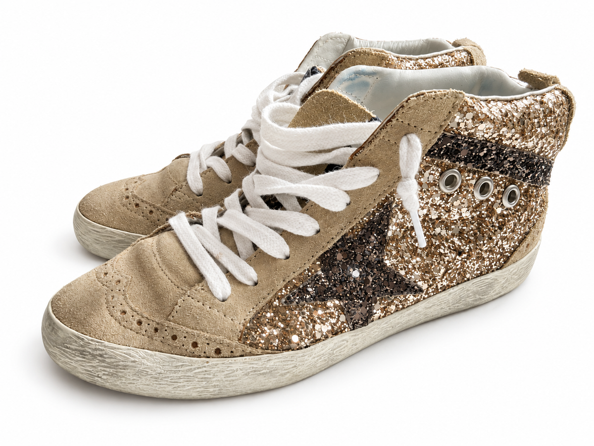 Golden Goose Midstar Gold Glitter & Suede Trainers – EU 36 ladies