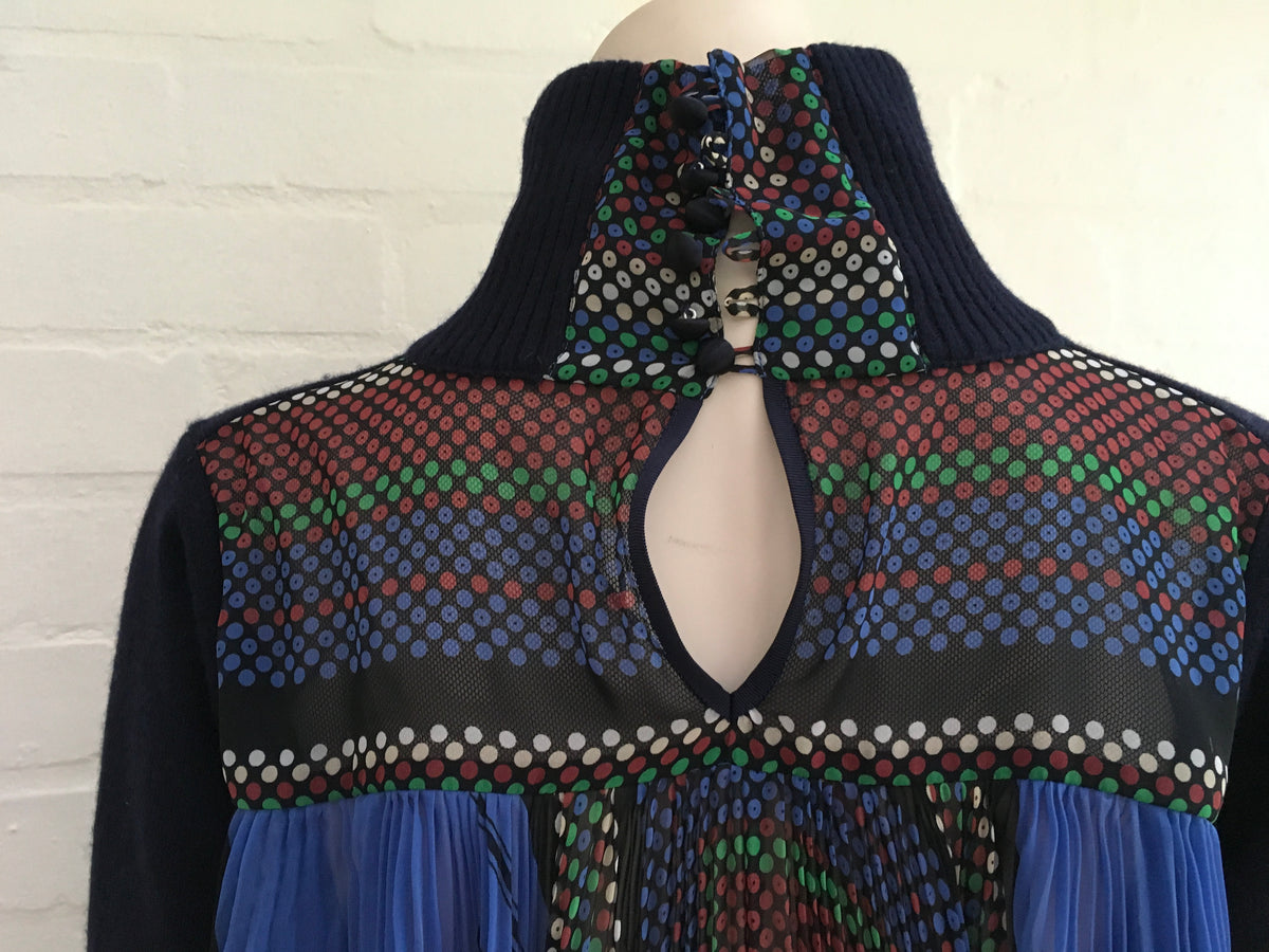 SACAI Contrast Pleated Navy Blue Wool Turtleneck Jumper Size M medium ladies