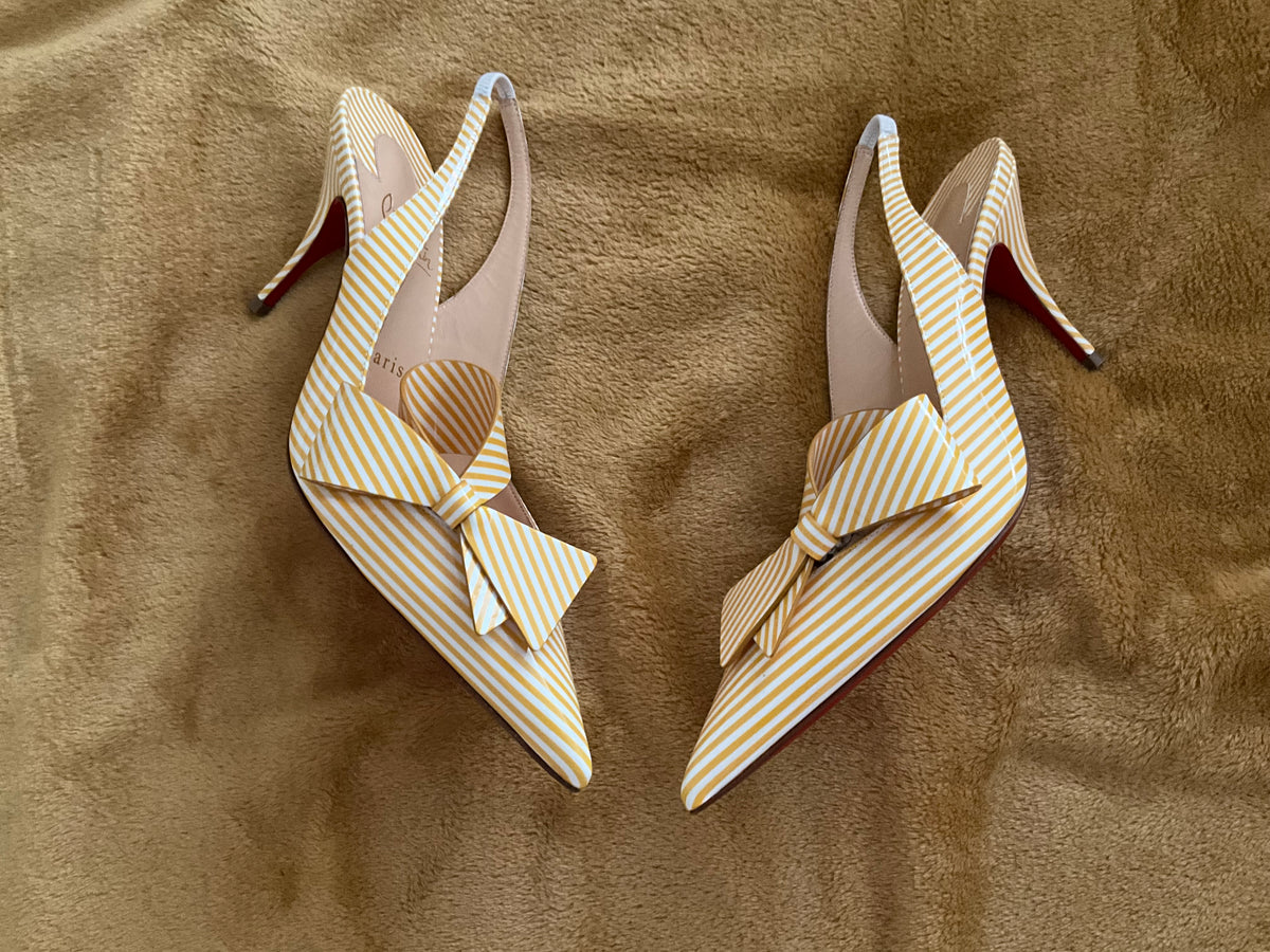 Christian Louboutin Patent Stripes Clare Nodo 80 Pumps Banana White Size 38.5 ladies