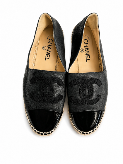 Chanel Patent Calfskin Metallic Goatskin CC Espadrilles Black Size 39 UK 6 US 9 ladies