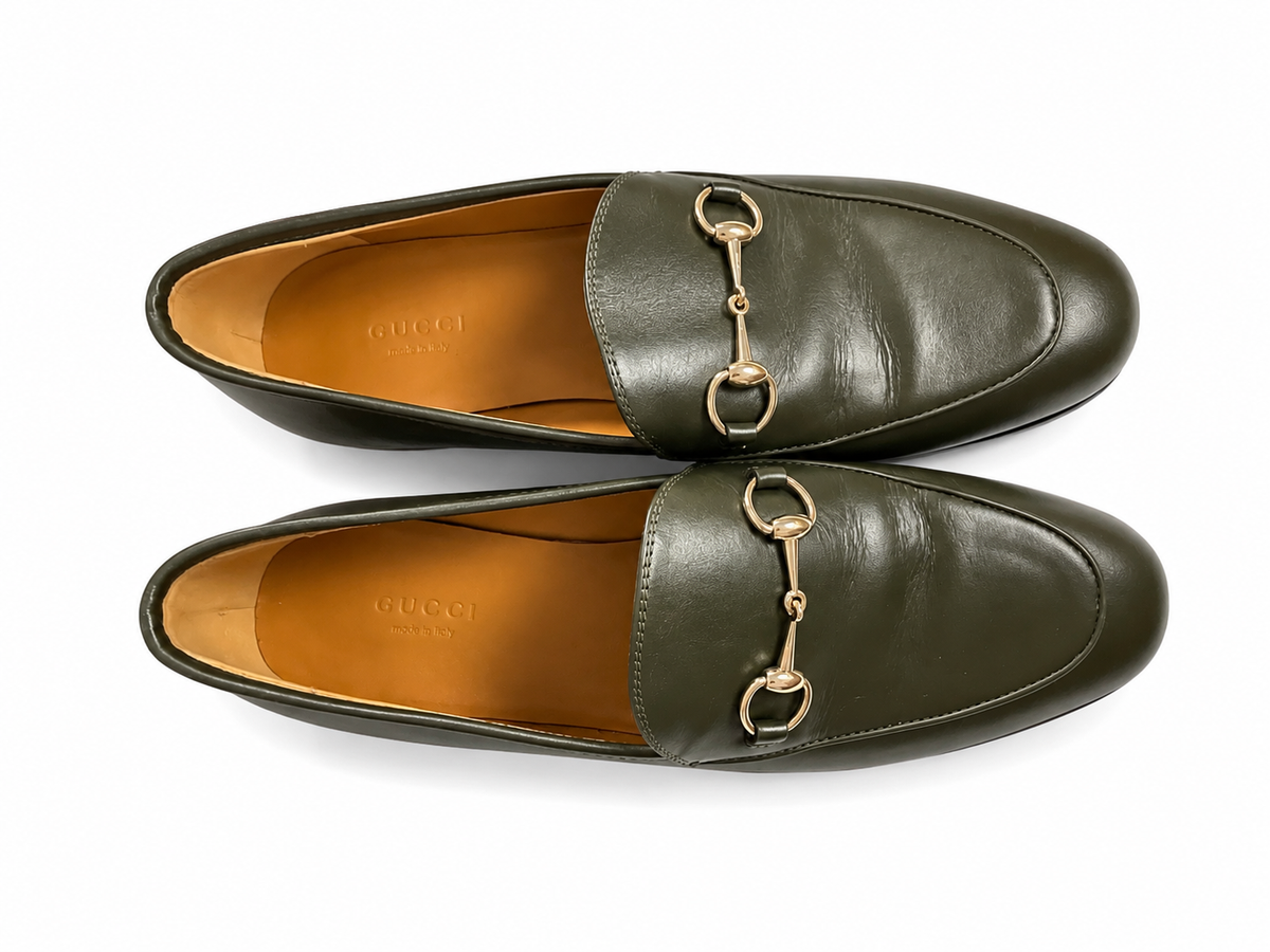GUCCI Calfskin Womens Jordaan Loafers Luscious Green Size 38 1/2 ladies