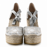 Gucci Silver Glitter Espadrille Wedge Sandals with Tie Closure size 38 ladies
