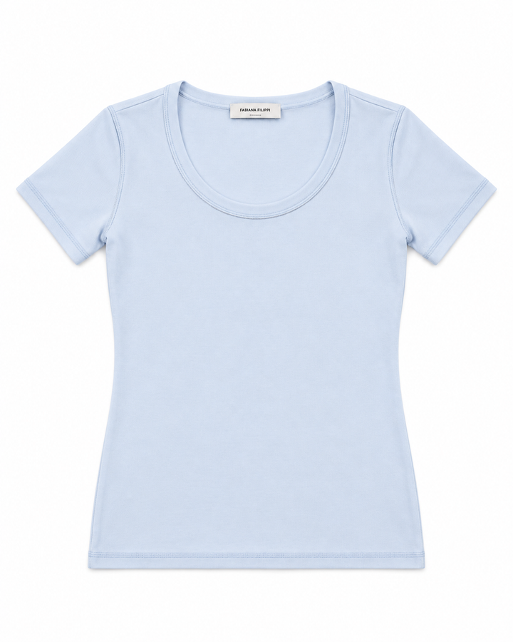 Fabiana Filippi Light Blue Cotton T-Shirt with Monili Trim Size I 40 UK 8 ladies