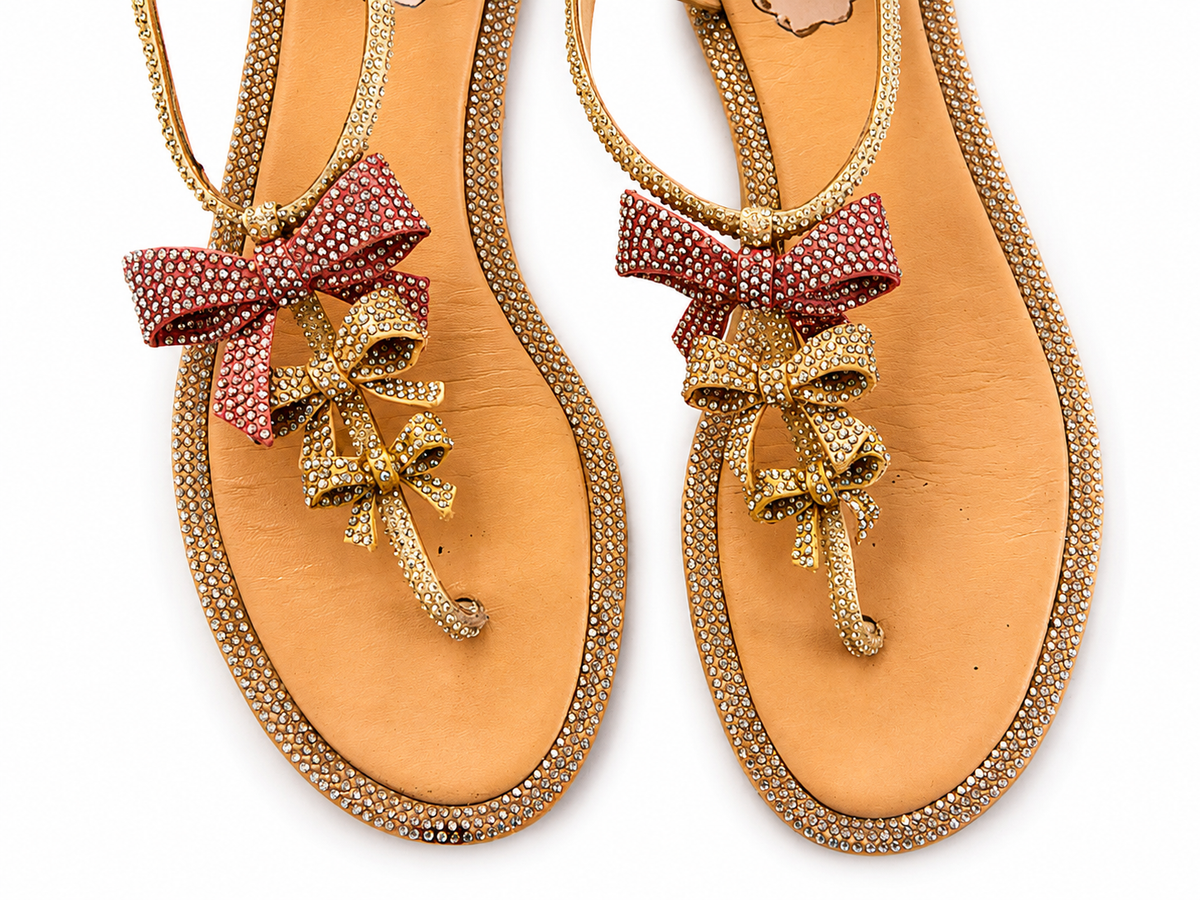 René Caovilla Crystal Bow Embellished Flat Sandals – Pink & Gold – EU 36 ladies