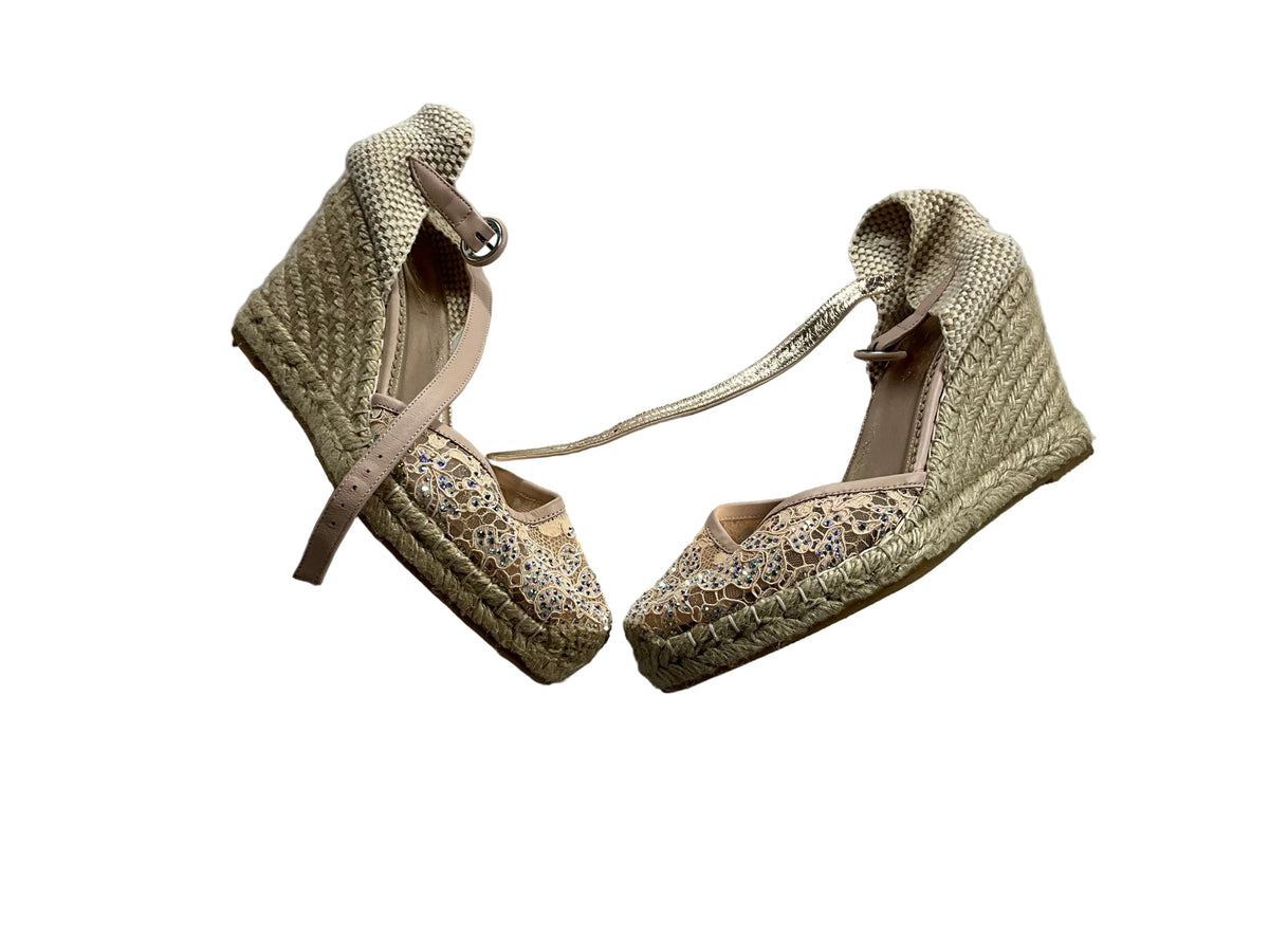 LE SILLA ESPADRILLES WEDGES LACE CRYSTALS SHOES SIZE 38 LADIES