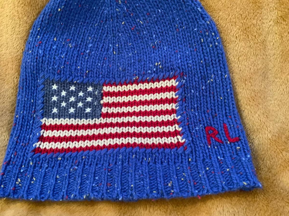 Ralph Lauren Polo Unisex Winter Beanie Hat In Blue Wool With American US Flag men