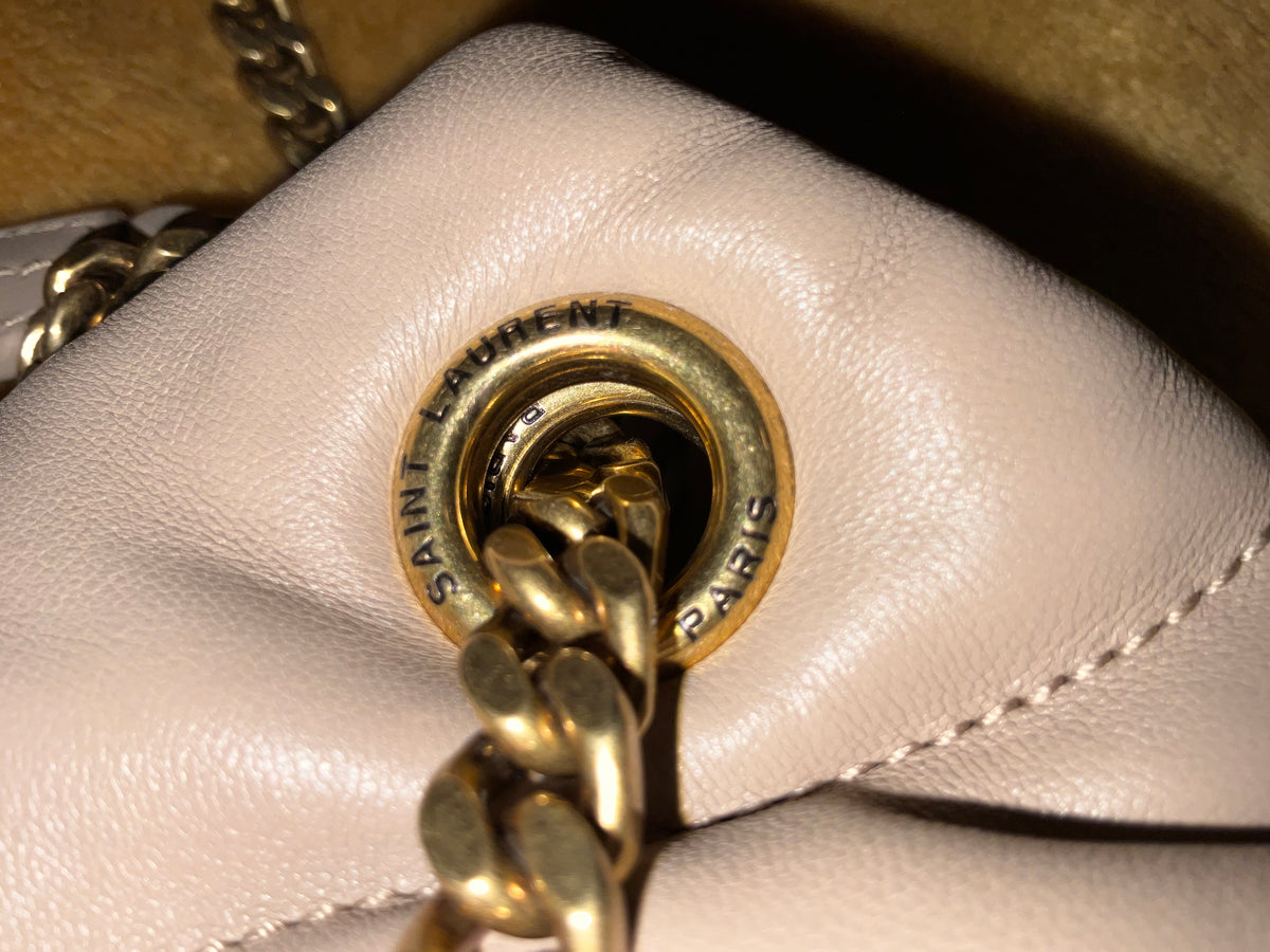 YSL Saint Laurent Lambskin Quilted Small Loulou Puffer Monogram Chain Satchel Beige Ladies