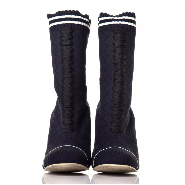 FENDI Stretch Fabric Openwork Rockoko 105mm Sock Boots Navy Blue Size 40 ladies