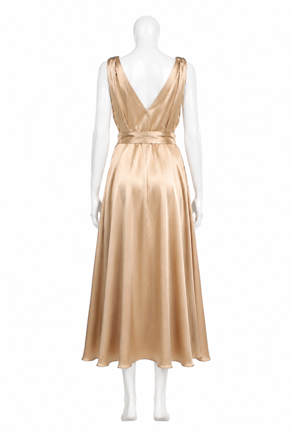 Brunello Cucinelli Champagne Silk Monili Belted Long Dress Size L large ladies